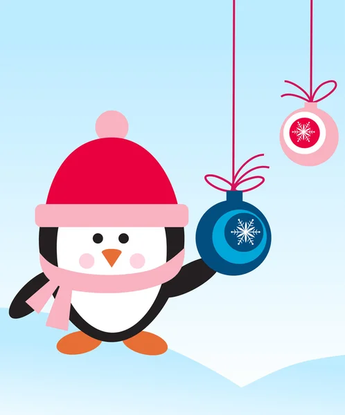 Пингвин в шляпе и шарфе с декоративными шариками — стоковый вектор
