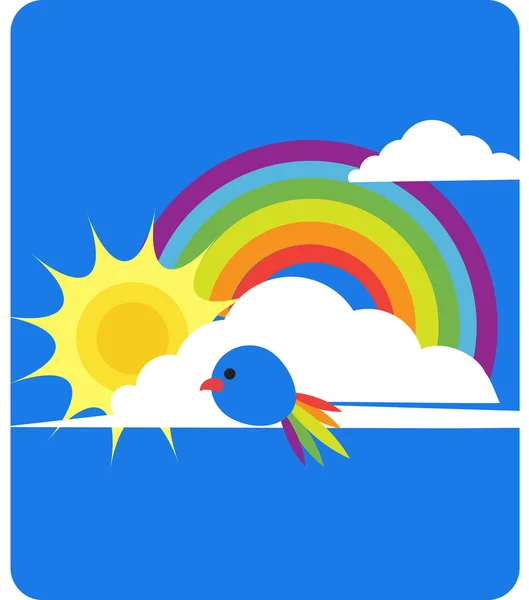 Sky view of rainbow, sun, clouds and bird — Stock Vector