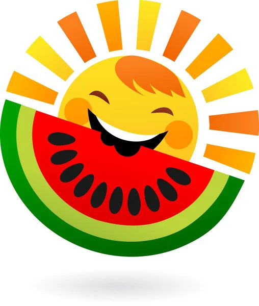Счастливого солнца едят кусок арбуза — стоковый вектор