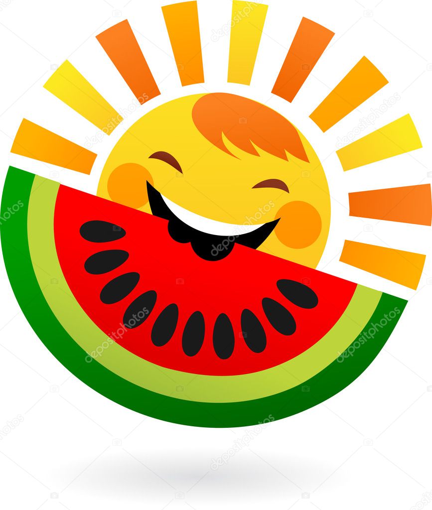 Happy sun eating slice of watermelon