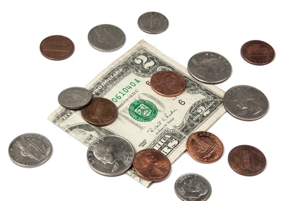 Dos dólares y monedas —  Fotos de Stock