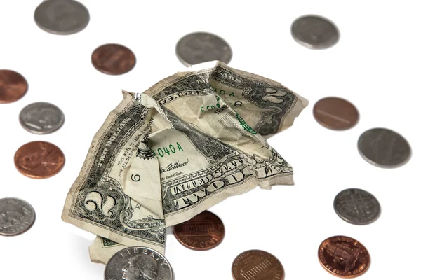 Zúzott két dollár és érmék — Stock Fotó