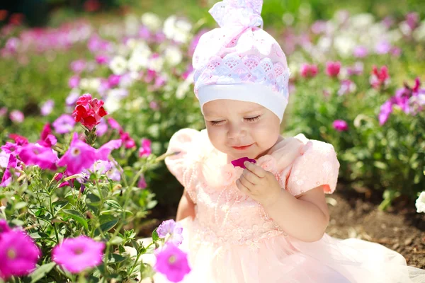 Little child girl enjoy flower — Stock Photo, Image
