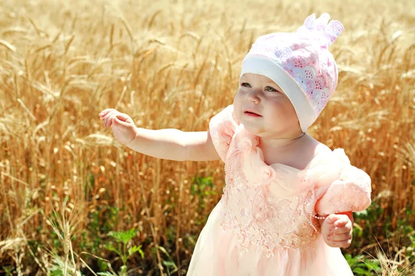 Little child girl wondering in wheat field — Stock Photo, Image