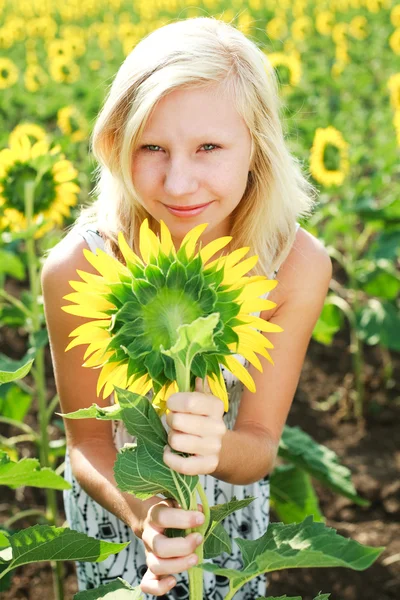 Junges Mädchen im Feld der Sonnenblumen — Stockfoto