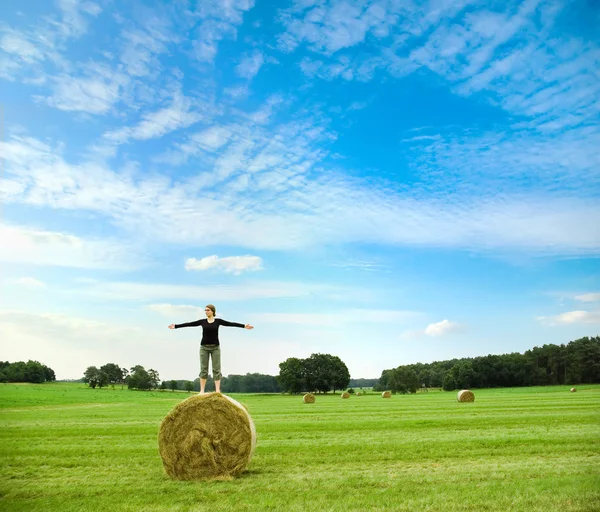 Standing on a roll of hay — Stock Photo, Image