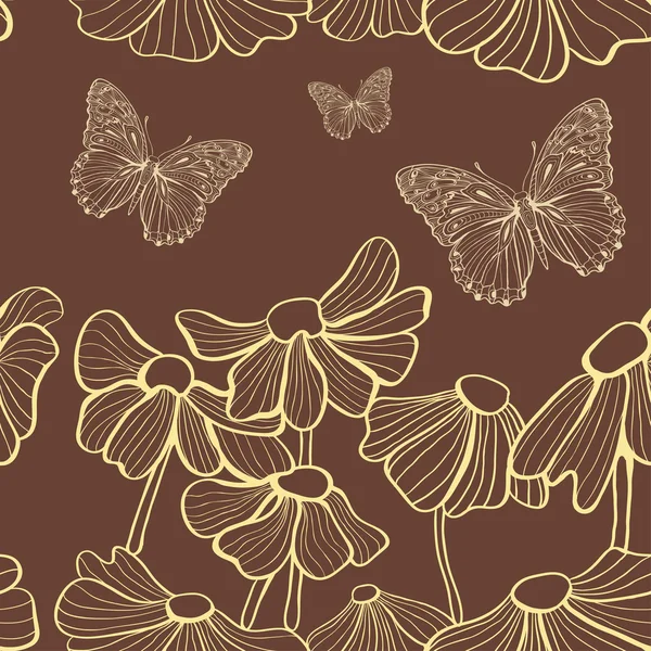 Ozdobné žluté květiny a motýl bezešvé — Stockový vektor