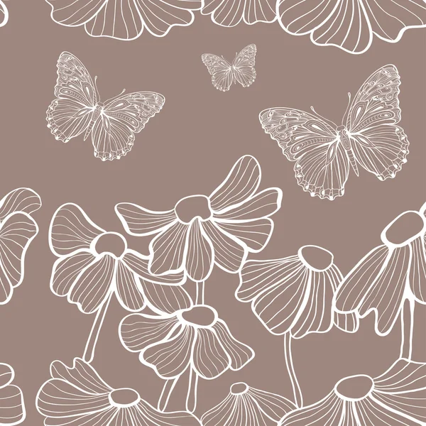 Decoratieve witte bloemen en vlinder naadloze — Stockvector