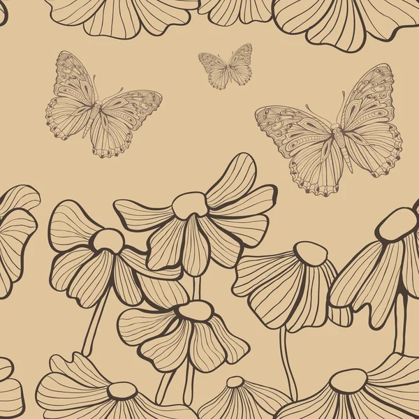Decoratieve bloemen en vlinder naadloze — Stockvector