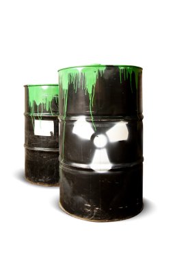 Toxic drum barrels spilled their hazardous content isolated on white clipart