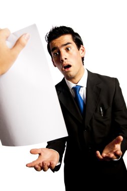 Young businessman is getting fired by his boss clipart