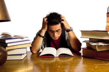 Young adult student reads book, all isolated on white background