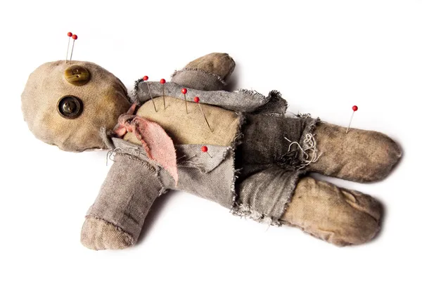 Foto do empresário voodoo boneca que coloca no branco — Fotografia de Stock