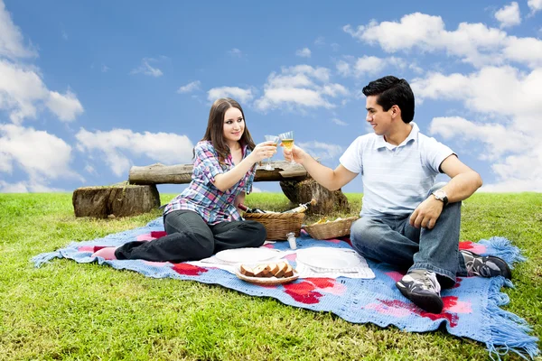 Picnic with young and happy couple in spring — Stock Photo, Image