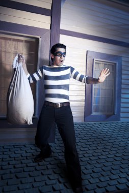 Thief on the roof getting caught by the police clipart