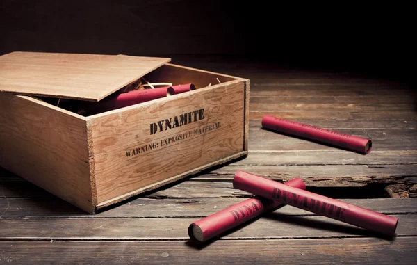 Tehlikeli dinamit bir kutu üzerinde tahta sopa — Stok fotoğraf