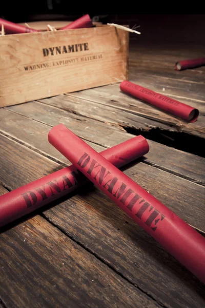 Dangerous dynamite sticks on wooden a box — Stock Photo, Image