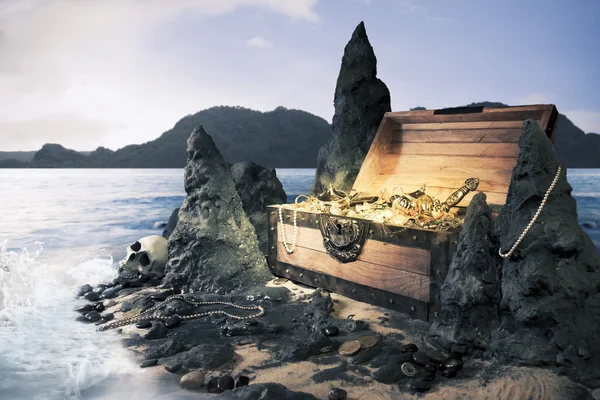 Open treasure chest with bright gold — Stock Photo, Image