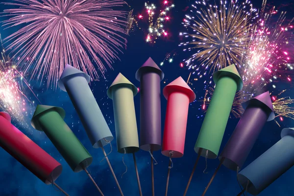 Configurazione di fuochi d'artificio colorati di notte — Foto Stock