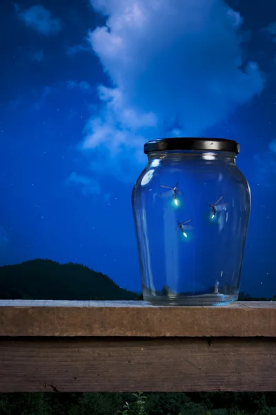 Pirilampos em um jarro à noite — Fotografia de Stock
