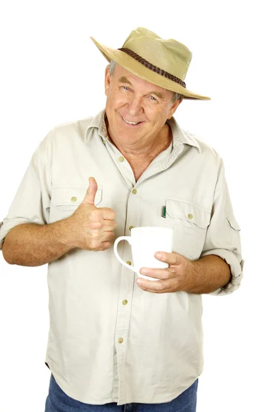 Polegares para cima homem com café — Fotografia de Stock