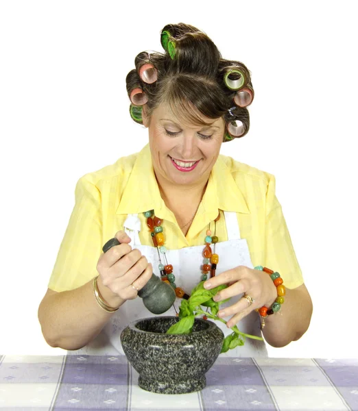 Housewife Crushing Herbs — Stock Photo, Image