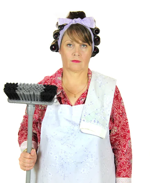 Frumpy casalinga con scopa — Foto Stock