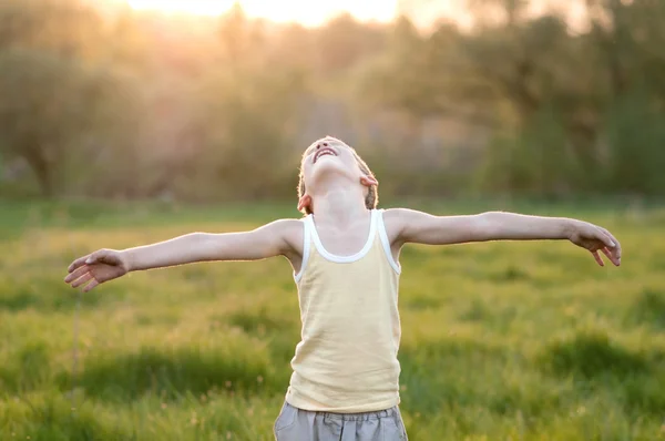 stock image Boy stands in a meadow