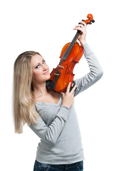 Jonge lachende vrouw met een viool — Stockfoto