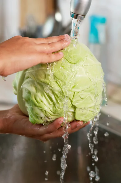 The cabbage is being washed in the water — Stock Photo, Image