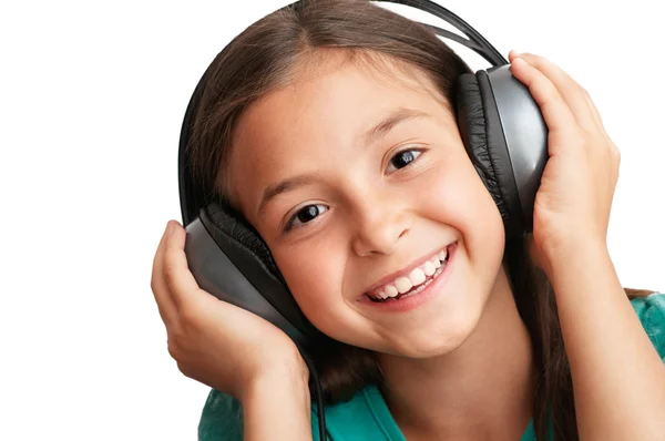 Das lächelnde Mädchen hält die Kopfhörer — Stockfoto