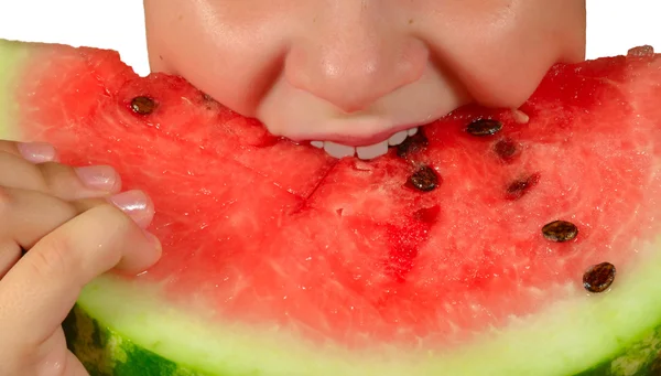 stock image Watermelon, the child eat a ripe juicy red watermelon