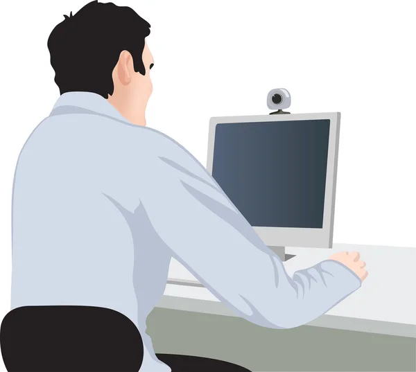 Hombre, ordenador y webcam — Vector de stock