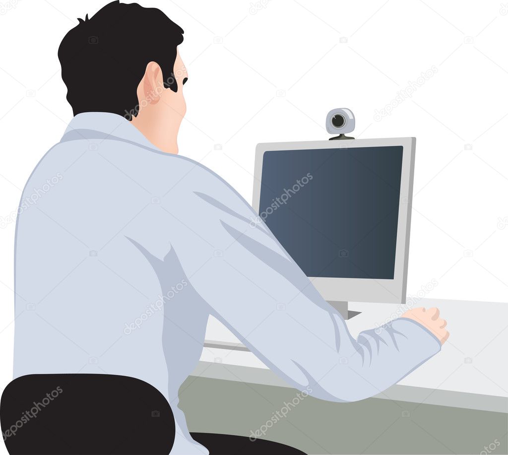 Man, computer and webcam