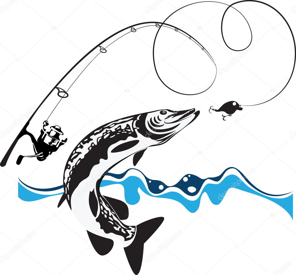 Pike, spinning, reel and wobbler, stylized composition