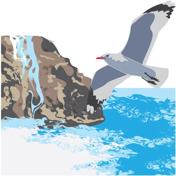 Морской пейзаж, чайки, летящие на фоне гор и водопадов — стоковый вектор
