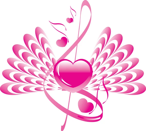 Ροζ καρδιά με φτερά, η μουσική της αγάπης — Διανυσματικό Αρχείο