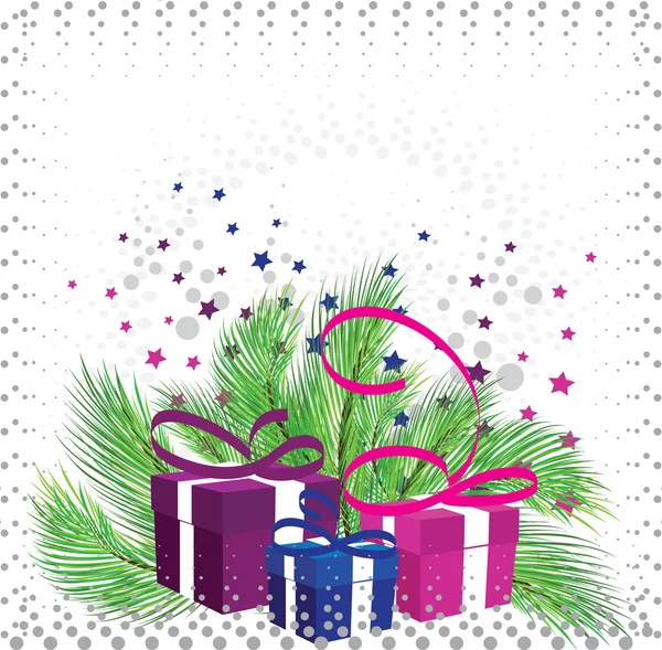 Christmas gifts on the background of pine branches, frame — Stock Vector