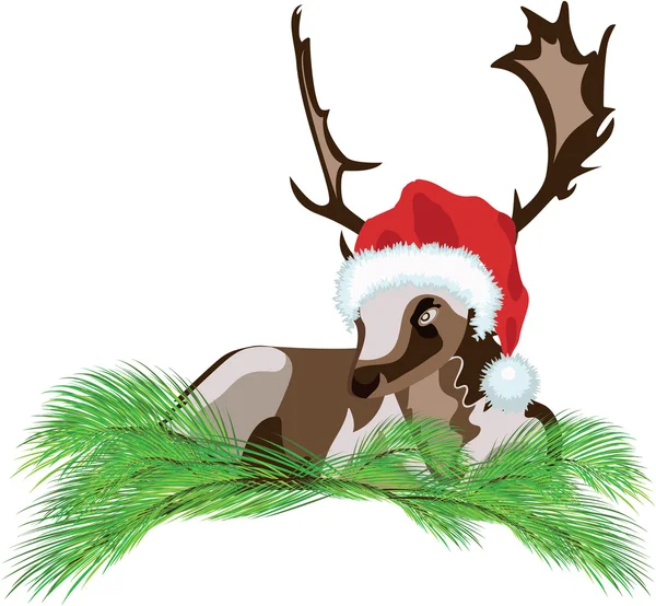 Deer wearing a Santa Claus hat over white background — Stock Vector