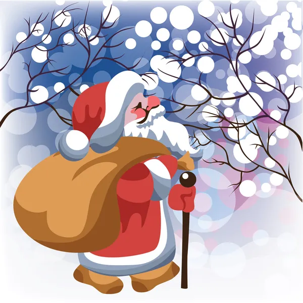 Santa Claus with gifts in snow forest — Stock Vector