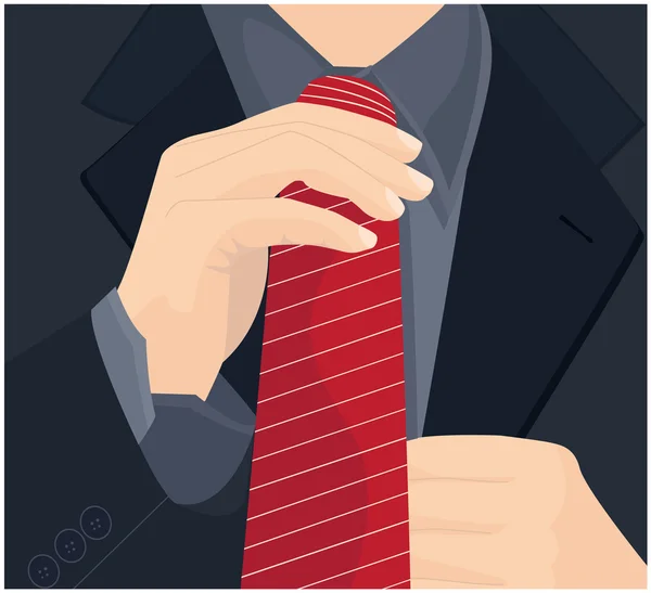Businessman in a suit straightens his tie. Vector illustration. — Stock Vector
