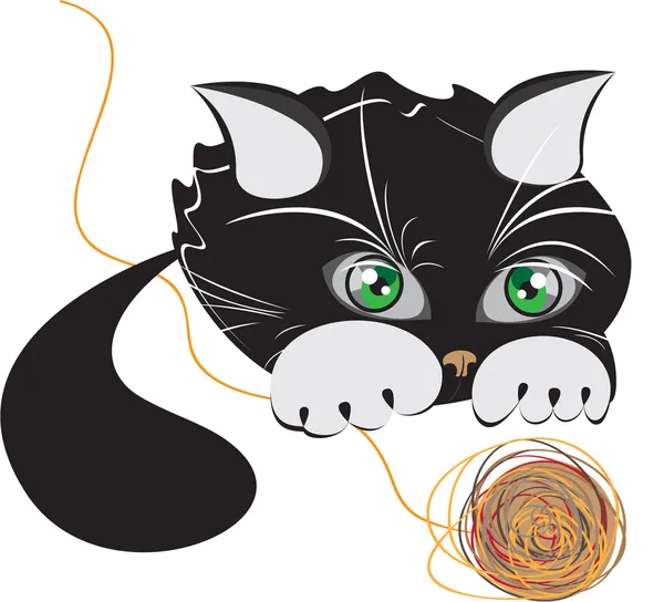 Little black kitten playing with a ball of yarn — Stock Vector