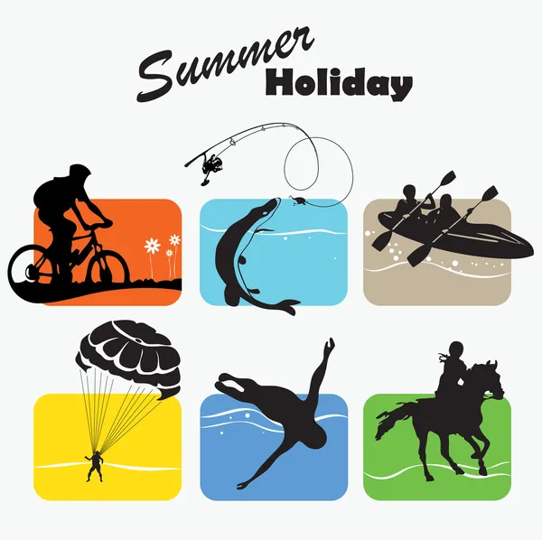 Descanso activo, vacaciones de verano, icono de conjunto, ilustración de vectores — Vector de stock
