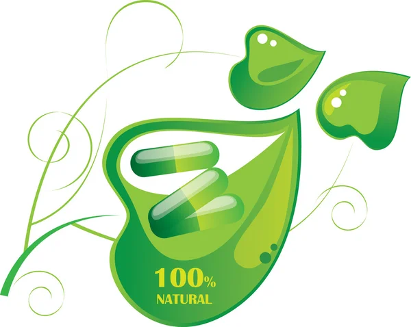 Comprimidos cápsula em uma folha verde —  Vetores de Stock