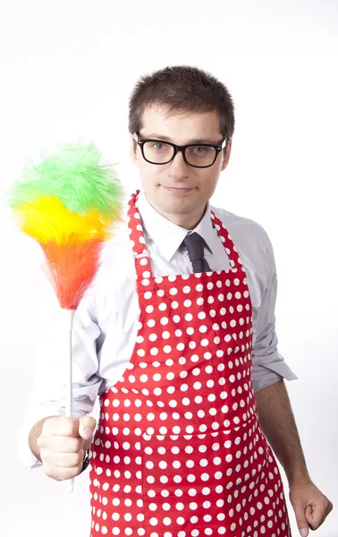 Young man with duster — Stock Photo, Image