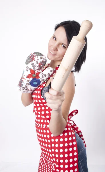 Ελκυστική κοπέλα με εξοπλισμός μαγειρέματος — Φωτογραφία Αρχείου