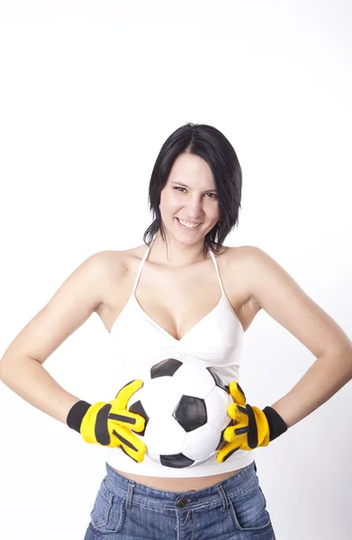 Meisje houdt van een voetbal. — Stockfoto