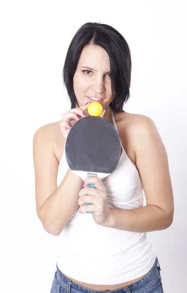 Jonge aantrekkelijke vrouw bedrijf racket — Stockfoto