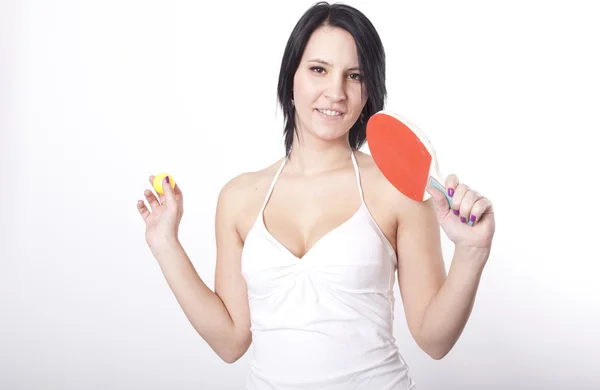 Joven atractiva mujer sosteniendo raqueta —  Fotos de Stock
