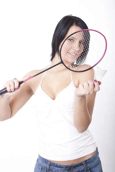 Mujer atractiva joven con raqueta de bádminton —  Fotos de Stock